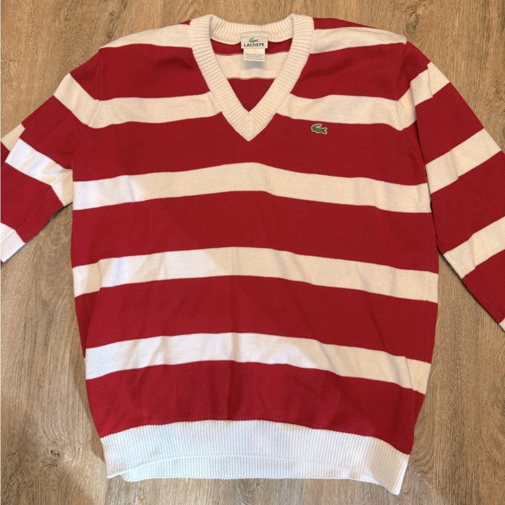 Lacoste Men's V-Neck Sweater in Red and White Stripes